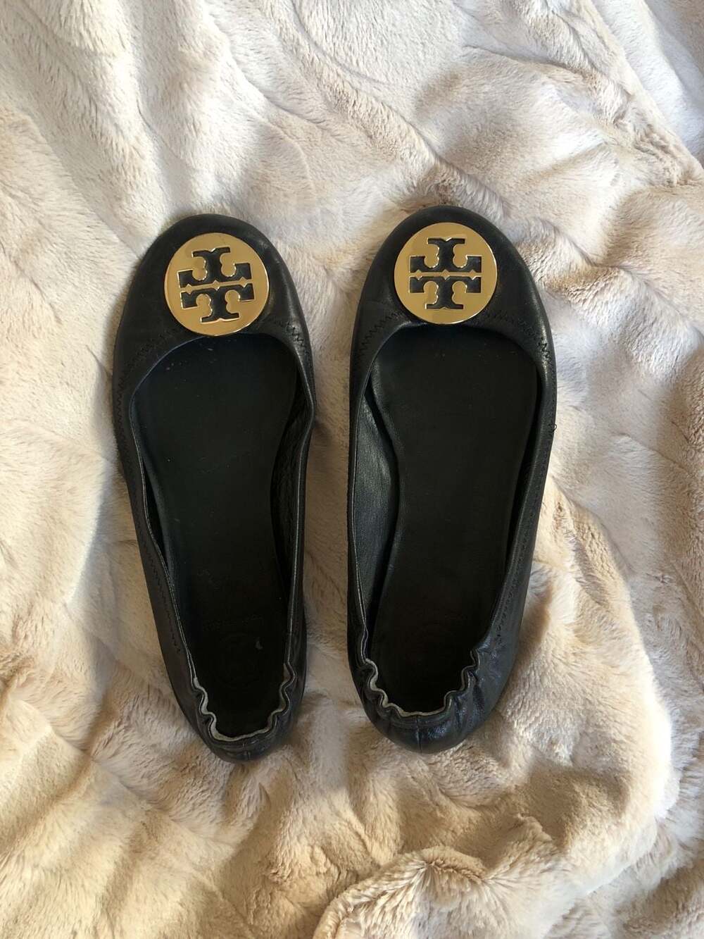 Tory Burch Reva Leather Ballet Flats Black with Gold Logo